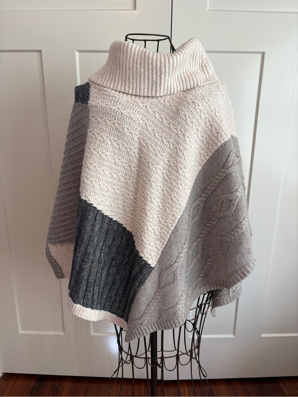 White House Black Market Cream and Gray Turtleneck Colorblock Poncho